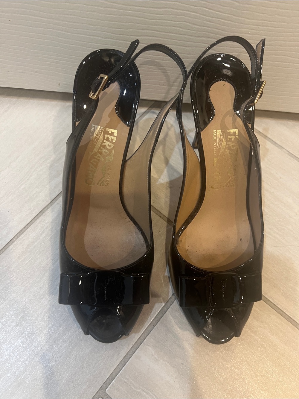 Salvatore Ferragamo Black Patent Leather Peep-Toe Slingback Heels with Bow
